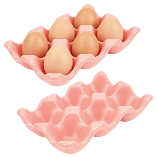 Ceramic Egg Holder Trays, 2-Pack Pink, 6-Slot Each (12 Eggs Total) — Countertop & Fridge Egg Cups Organizer, Glazed Stoneware Egg Rack