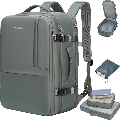 MOLNIA Large Travel Backpack for Men Women,Waterproof Carry On Backpack,Laptop Backpack for College Travel Daily Work - color: Olive Green With Packing Cubes