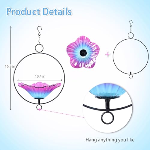MUMTOP Hanging Bird Bath for Outdoors, Glass BirdBath Bowl for Garden Decor | Hanging Bird Baths with Circle for Outdoors, Flower Glass Bird Water Bowl Bird Feeders for Outside, Garden, Lawn Yard Decor