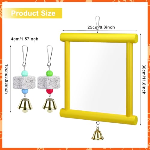 1 Pcs Chicken Mirror Toys Large 12x10 Inch Hanging Swing Mirror with Bell | Wooden Pecking Toy and 2 Pieces Beak Grinding Molar Stones for Hens Birds Parrots Coop Roosters(Yellow)