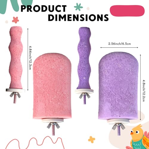 Soulchen 4 Pcs Bird Beak Grinding Calcium Stone Perches Large 4.8 Inch Parrot Teeth Mouth Molar Cage Platform Paw Grinding Sticks Jumping Stand for Macaws Parakeets Finches Cockatiel(Purple,Pink)