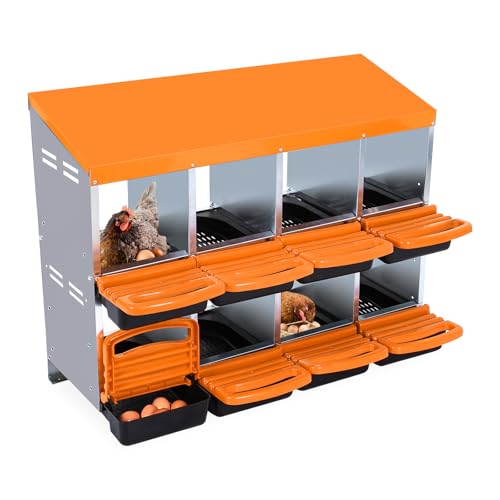 2-Tier Chicken Nesting Box, 8 Compartment Metal Nesting Box for Chickens with Waterproof Roof, Non-Slip Stable Base, Heavy Duty Chicken Laying Boxes for Hens, Poultry - color: Orange, size: 8 holes