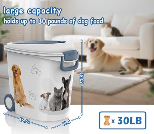 DRATO Pet Food Storage Container with Wheels 30LB Capacity | Resin, Slow Feeder Bowl and Scoop, Easy to Move, Keep Food Fresh, For Dogs, Cats, Birds - color: Blue
