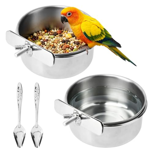 2 Pack Stainless Steel Bird Feeding Bowls, Parrot Food Water Dishes with Clamp Holder, Bird Feeding Cups for Cockatiel Budgie Parakeet Conure and Small Animals, 2 Feeding Spoons Included