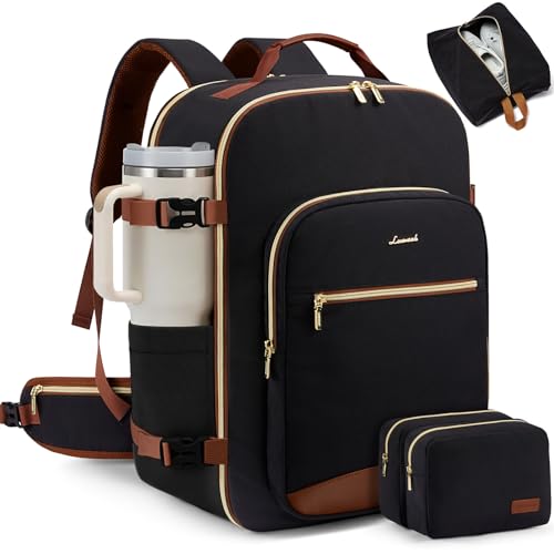 LOVEVOOK 56L Travel Backpack for Women & Men, Airline Approved Carry On Luggage with 3 Packing Cubes, TSA Overnight Bags, Waterproof Personal Item Bag, Weekender Essentials Backpacks fits 17" Laptop - color: 1 Black-brown, size: 56L-4Pcs