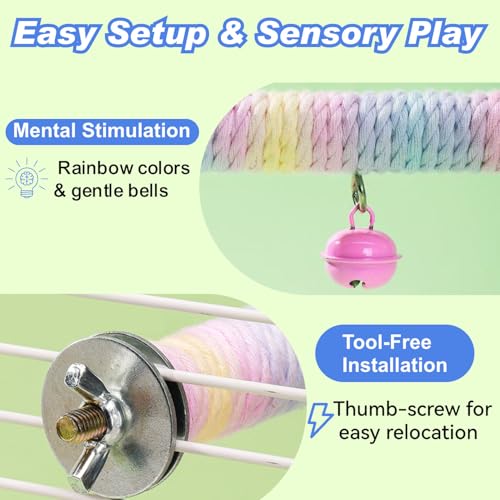 Dual-Layer Bird Swing Perch with Bells Rainbow Cotton Rope Cage Parrot Toy | 10" For Parakeet Conure Cockatiel Mynah Love Birds Finches