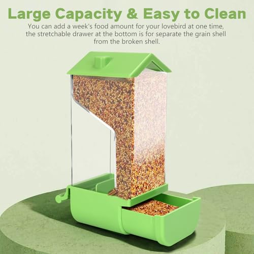 Yummy Sam Automatic Bird Feeder with Perch for Cage, No Mess Acrylic Transparent Bird Cage Feeder, Parrot Seed Feeders Food Container Cage Accessories for Small Medium Birds Parrot Cockatoo Canary - color: Green Clear