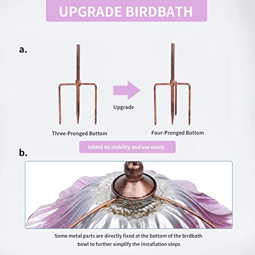 Glass Birdbath Birdfeeder with Metal Stake Garden Yard Outdoor Pink | 31inch height stain glass bird bath for outside,pink flower bird bath bowl,attract wild birds and beautify outdoor gardens - color: Pink+Yellow