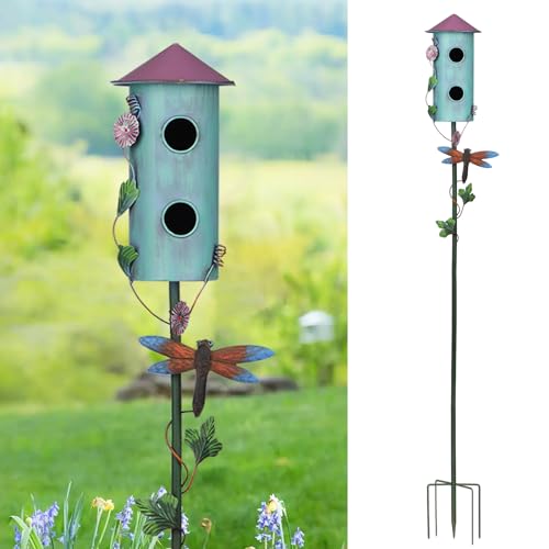 BAYN 57” Metal Bird House Stake for Outside Decorative | Rocket Design, Double-hole, Easy Assembly, Cleaning Door, Sturdy Wild Birdhouse on 5 Pronged Garden Stake Pole - style: Rocket Head
