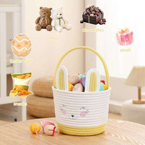 Easter Baskets for Easter Egg with Handle Woven Empty Hunt Boys' Lovely Bunny Rabbit Colorful Woven Basket First Easter Gifts for Boys, Babies, Kids, and Children (Yellow) - color: Yellow