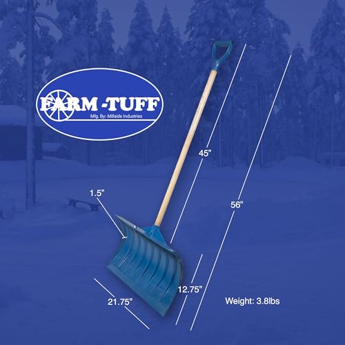 Farm-TUFF Heavy Duty Multi-Purpose Shovel - Snow, Barn, Grain, Industrial Use - Large Non-Stick Blade & Ash Hardwood D-Grip Handle - Durable & Lightweight Utility Scoop - Blue, 21.8in