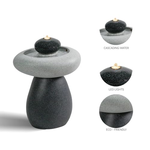 24.02" H Outdoor Water Fountain Made with Eco-Friendly Recyclable Materials, Polyethylene Rock Waterfall Outdoor Fountain, Garden Decor with LED Light & Pump for Patio, Backyard - size: 24.02"