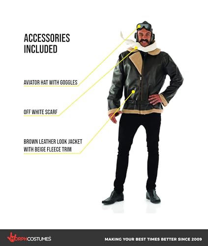 fun shack, Aviator Costume Men, Halloween Costumes for Men | Brown Leather-look Jacket with Beige Fleece Trim, Off-white Scarf Included, Perfect for Halloween, Great for Dress-Up - size: Large