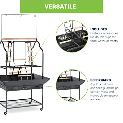 Prevue Pet Products Large Parrot Playstand with Wheels, Bird Stand Activity Play Center with Perches and Ladders, Indoor Outdoor Playground for Birds, Black Hammertone Finish - size: Large