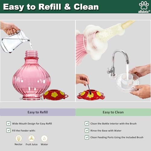 Glass Hummingbird Feeder for Outdoors Hanging, 38 oz Nectar Capacity, 6 Feeding Ports, Leak-Proof Rust-Free Plastic Base, Easy to Refill & Clean, Decorative Pink Glass Bird Feeder for Garden Patio - color: Pink, size: 38 Fluid Ounces