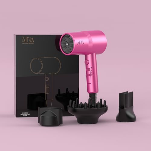 AINA Hair Dryer with Diffuser,Comb Full-Featured Blow Dryer 110V(Neon Pink) | 3 Heat/2 Speed;Cold shut button;Lightweight;Compact Size;High Temp;Low Airflow;Same Results;Less Expense - color: Neon Pink, size: 4 Piece