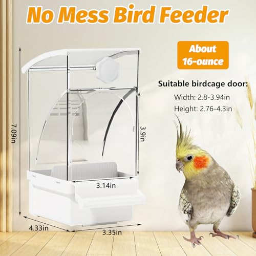 BNOSDM No Mess Bird Feeder Transparent Automatic Bird Cage Feeder with Perch Acrylic Parrot Food Container Parakeet Cage Accessories for Parakeets, Budgies, Cockatiel, Finch, Canary, Lovebird (White) - color: White