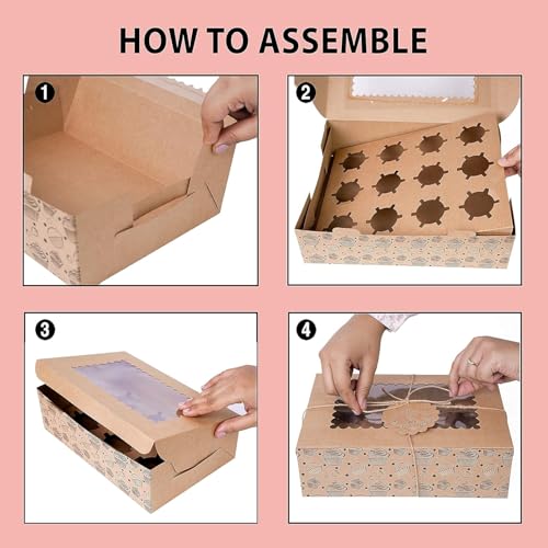 20-Pack Cupcake Boxes Bulk, Cupcake Holder with Lid, Disposable Cupcake Containers,Food Grade Kraft Bakery Boxes with Window to Fit 12 Cupcakes, Cookies,Muffins,Pastry, Long Treats