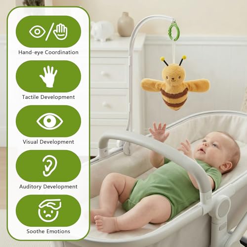 Baby Hanging Flying Bird Musical Toys for Stroller Car Seat Crib Play Gym | Ages 0-36 Months, Tummy Time, Sensory Music Toys, Plush with Clamp, Boys and Girls, Flapping Wings Bee/Birds Toy - color: Yellow Bee