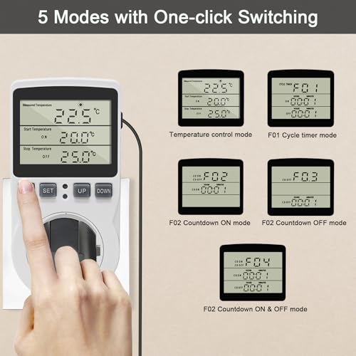 KETOTEK Digital Thermostat Outlet Plug Temperature Controller Outlet Socket 120V Heating Cooling Control 110V 15A Celsius Fahrenheit Display White - style: Non-backlit Style