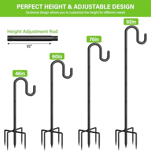 Shepherds Hook for Bird Feeder, 92" Heavy Duty Double Bird Feeder Pole with 5-Prong Base, Thickened Metal Shepherd Hook for Outdoor Hanging Flower Baskets, Solar Lights, Black, 2 Pack - size: 92", style: 2 Pack