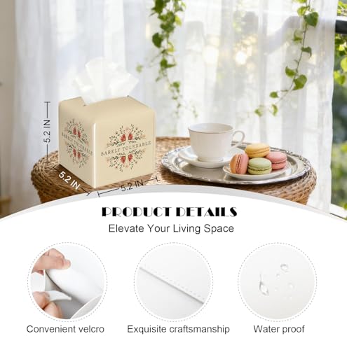 Literary Masterpieces Tissue Box Cover, “Barely Tolerable ”Pride and Prejudice 5.2 Inch Square PU Leather for Bookworms，Funny Bookish Decor Gift for Literature Lovers - color: White Decoration Theme-09