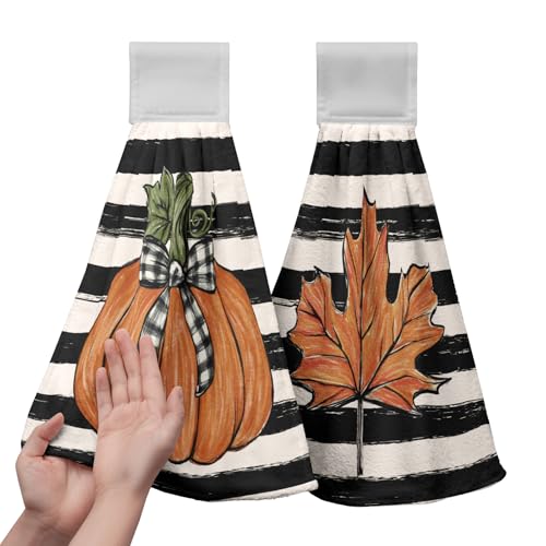Fall Pumpkin Maple Leaves Kitchen Towels with Hanging Loop Autumn Thanksgiving Stripe Hand Tie Towels Soft Absorbent Fingertip Bath Towel Oven Stove Dish Washcloths Set of 2 - color: Fall Stripe