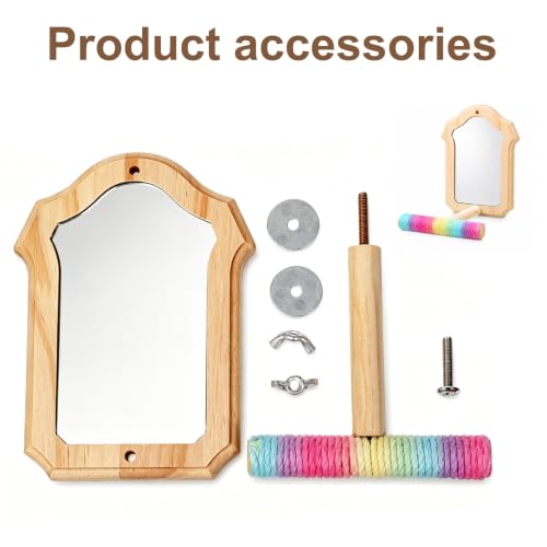 Bird Mirror for Cage Wooden Standing Birds-Mirror Bird Toys for Parakeets | Chewing Perch with Reflective Mirrors Wooden Swing Mirrors for Parrots Budgies Parakeets Cockatiels Lovebirds