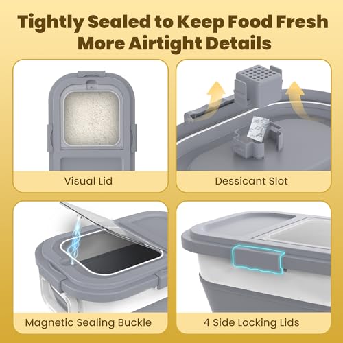 HOYTAMDA 25-35Lbs Rice Container,Collapsible Food Storage Container Wheels | Rice Storage Container with Airtight Locking Lid,Handle,Small Bin &Scoop,Rice Dispenser for Flour Sugar Cereal Grain Dog Cat - color: Grey/25-35lbs