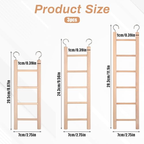 Bird Ladder for Cage, 3 PCS Bird Cage Ladder Wooden Hanging Parrot Wood Step Parakeet Ladders Climbing Small Wooden Ladders for Birds Parakeets Parrots Cockatoo Lovebirds (4 Step, 5 Steps, & 6 Steps)