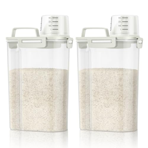 TBMax Rice Container Cereal Storage Container 2 Pack 5 Lbs, Kitchen Pantry Dry Food Storage Holder with Easy-Pouring Spout & Handy Cup, Small Pet Dog Cat Food Dispenser for Daily Feeding -Beige - color: Beige 3+3Qt