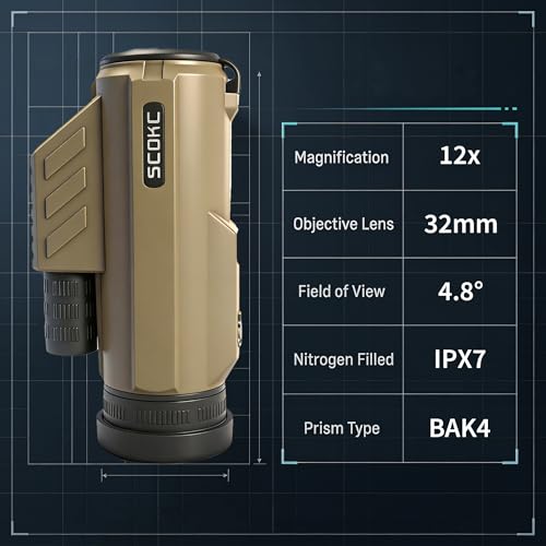 Waterproof Monocular Telescope | Lightweight with Travel Bag, Compact, 12X Magnification, Wide Field of View for Bird Watching, Hunting, Hiking, Camping (12x32, Desert Color) - color: Desert color