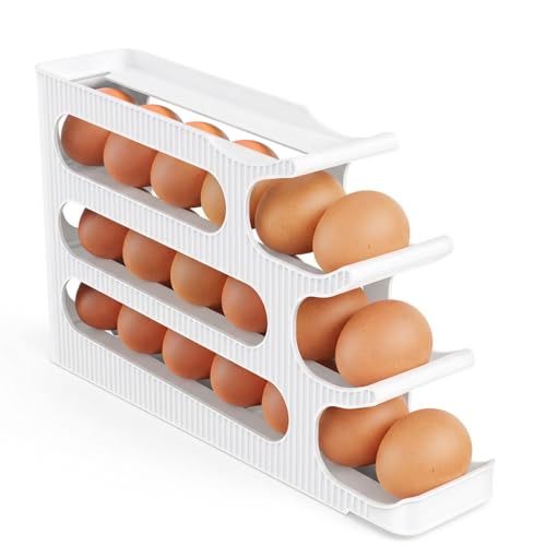 Egg Holder for Fridge, 4 Tiers, Egg Roller for Eggs 24 Count | Auto Rolling Egg Storage Organizer for Refrigerator, Slim Space Saving Container, Dispenser - size: 4 Tiers