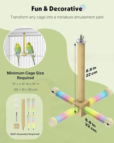 Pawfly 360° Rotating Bird Perch Toy, Interactive Spinning Bird Stand Parrot Perch, Natural Wooden Chew Toy for Small Birds, Cockatiel Toy, Parakeet Toy, Bird Toys for Parakeets, Bird Cage Accessories
