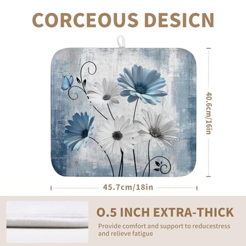 Dish Drying Mat for Kitchen Counter 16x18 Inch Blue Grey Daisy Drying Pads Rustic Vintage Floral Dish Dry Mat Microfiber Absorbent Farmhouse Dish Drainer Mat Flowers Dish Drainer Rack Mat - color: Blue Grey Daisy, size: 16" x 18"