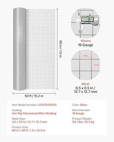 VEVOR Hardware Cloth, 1/2 inch 60 inch x 50 ft 19 Gauge Chicken Wire Fence, Hot-Dip Galvanized After Welding Metal Wire Mesh Roll, Garden Plant Welded Fencing Roll Supports Poultry Netting Cage Fence - size: 1/2 inch 60 inch x 50 ft