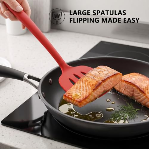 Coukre 3 Pack Silicone Spatula Set, Heat Resistant to 500°F, BPA-Free | Fish Spatula, Solid & Slotted Turners, Dishwasher Safe, Spatula Set for Eggs, Pancakes, Fish & Burgers, PureRed - color: PureRed