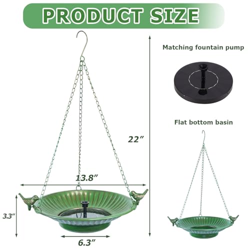 13" Hanging Bird Bath with Solar Fountain,Metal Solar Bird Bath (Green) | Hanging Solar Bird Bath,Birdbath Bubbler ,Hanging Bird Bath for Outdoors Garden, Patio & Yard.