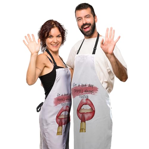Kitchen Apron for Women Red Lips Quotes on a Bad Day There’s Always Lipstick Funny Aprons for Men for Cooking Restaurant BBQ Painting Crafting Gardening 27” (W) x 31” (H), Waterproof Apron - color: Red Lips