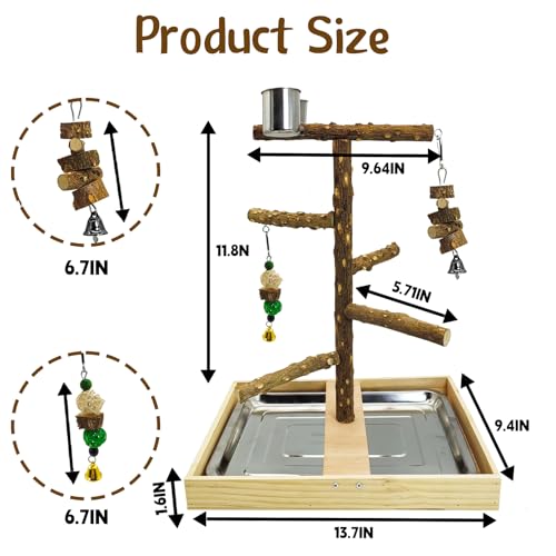 Tfwadmx Bird Perch Natural Wood Stand Toy Parrot Play Stand Platform Bird Cage with Removable Tray and 2 Stainless Steel Cups for Parakeets Canaries Cockatiels Conure Lovebirds