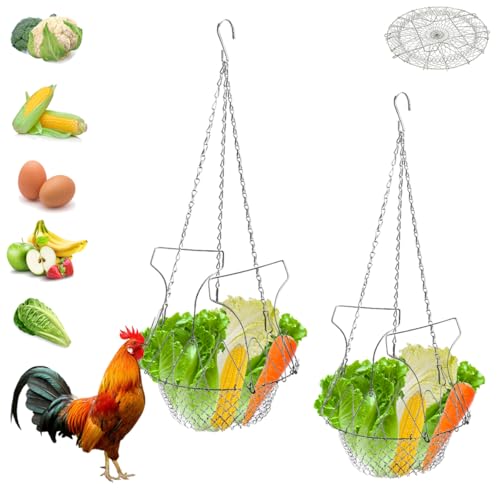 chicken treat dispenser hanging, 9.5in Large Foldable Chicken Ball Vegetable Treat Holder Ball with Hanging Stainless Chain,Sturdy Poultry Cabbage Feeder Basket for Chicken Coop(2 Pack Large)