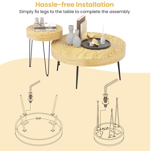COSTWAY Farmhouse Round Coffee Table Set of 2, Rustic Sofa Side Tea Tables w/Wood Finish, Metal Frame, Adjustable Foot Pads, Nesting End Table Set for Living Room, Bedroom (Ring Pattern, Natural) - color: Natural, style: Ring Pattern