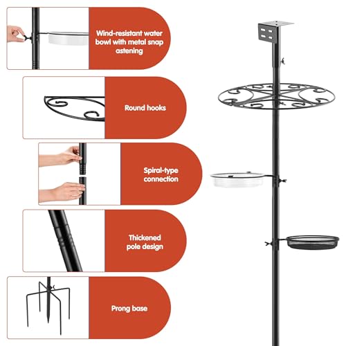 Upgraded Heavy Duty Bird Feeder Pole - Thicker Steel Bird Feeding Station Pole with 5-Prong Base, Wind-Resistant Water Bowl, Mesh Tray, Bird House Frame for Yard Garden Backyard(Not Include Birdhouse)