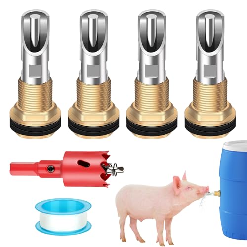 4 Pack Pig Waterer Nipples, Stainless Steel Hog Waterer Kit | 4 Pack Pig Nipple Waterer Kit, Brass Tank Connectors, Touch-Activated Flow, PTFE Tape and Hole Opener, Pigs and Goats