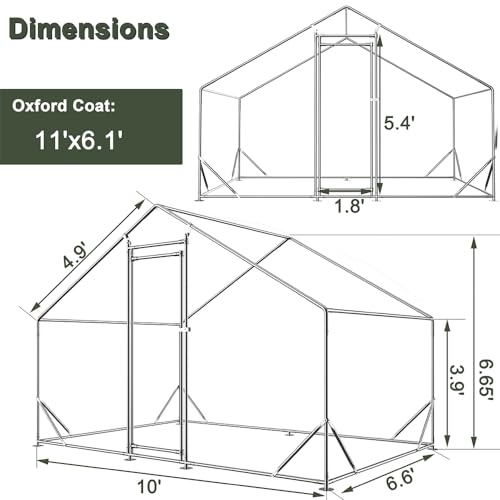 Large Metal Chicken Coop Walk-in Poultry Cage with Water-Resident Cover | Anti-UV water resistant cover, spacious habitat for poultry rabbits and small farm animals - size: 6.5’L×9.8’W×6.5’H