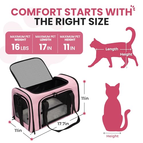 Soft-Sided Cat Carrier 18x11x11 in Expandable Travel Pet Bag 15LBS | For Cats and Small Dogs with Anti-Scratch Mesh Washable Mat Collapsible Escape-Proof Airline Approved with Shoulder Strap - color: Pink, size: 11.0"L x 11.0"W x 18.0"H