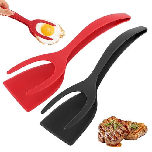 2 in 1 Egg Flipper Spatula, Non-Stick Grip and Flip Spatula Tongs for Pancakes, Omelets, Fish, Eggs, Burgers, Steaks, Heat Resistant Cooking Tool for Kitchen use(COLOR:Black+Red) - color: Black+Red