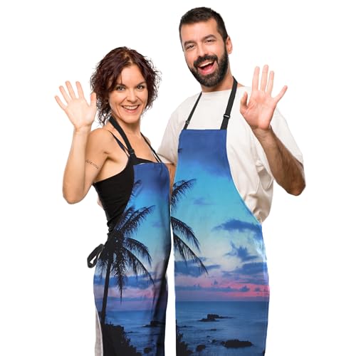 Kitchen Aprons for Men Hawaii Beach Blue Sunset Apron for Women for Cooking Restaurant BBQ Painting Crafting Gardening 27” (W) x 31” (H), Waterproof Apron - color: Hawaii Beach Sunset