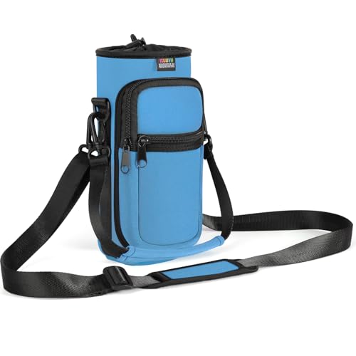 Nuovoware Water Bottle Carrier Bag, 25oz/32oz Bottle Pouch Holder, Adjustable Shoulder Hand Strap 2 Pocket Sling Neoprene Sleeve Sports Accessories for Hiking Travelling Camping, Azure Blue | Adjustable Shoulder Hand Strap, 2 Pocket, Neoprene Sleeve, For