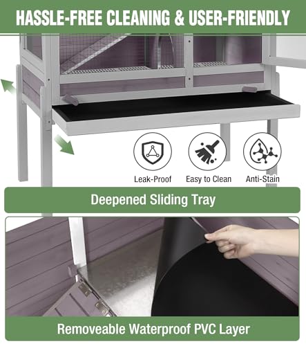 Guinea Pig Cage Indoor with Chew-Proof Edges, Clean Deep Tray | Rabbit cage with leakproof PVC layer, detachable legs, openable roof, multiple ventilated doors, Grey - color: Grey
